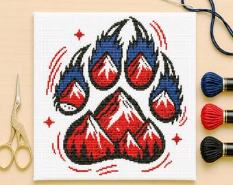 Padrão de Ponto Cruz em PDF com Pegada de Urso e Montanhas | Pegada de Urso em Chamas | Presente para Amantes de Ursos, Arte de Parede Incrível | Decoração para Quarto de Adolescente