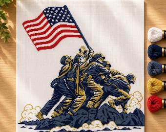Gráfico de Ponto Cruz da Bandeira de Iwo Jima Hasteada em PDF — Soldados Americanos da Segunda Guerra Mundial, Download Instantâneo, Decoração Patriótica, Presente para Veteranos