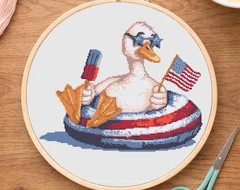 Padrão de Ponto Cruz Patriótico de Pato | PDF Colorido em Vermelho, Branco e Azul | Download Instantâneo para o 4 de Julho | Download Digital Divertido em Estilo Boia de Pato