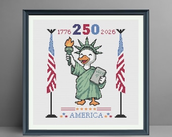 Padrão de Ponto Cruz "America 250 Duck", Estátua da Liberdade Patriótica (Download em PDF)