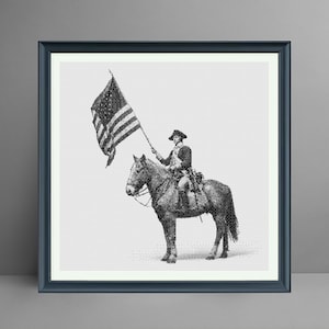 Soldado revolucionario a caballo con bandera estadounidense / Patrón de punto de cruz en blanco y negro (PDF/JPG) / Descarga digital instantánea