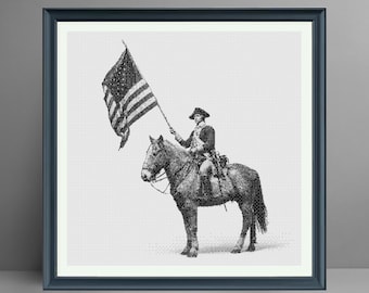 Soldado Revolucionário a Cavalo com Bandeira Americana | Gráfico de Ponto Cruz em Preto e Branco em PDF e JPG | Download Digital Instantâneo