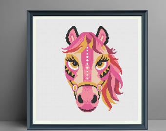 Padrão de ponto cruz para retrato de cavalo rosa, arte equina moderna (download em PDF)