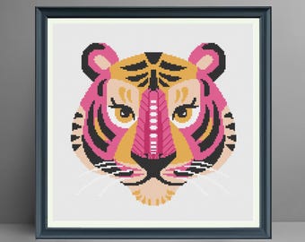 Padrão de Ponto Cruz com Rosto de Tigre, Arte Geométrica Moderna de Animais (Download em PDF)