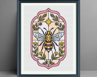 Padrão de Ponto Cruz de Abelha | Inseto em Vitral, Moldura Botânica (Download em PDF)