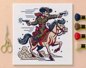 Padrão de Ponto Cruz de Cowboy a Cavalo | PDF Colorido em Azul Marinho, Vermelho e Cru | Download Instantâneo para Ele | Download Digital em Estilo Retrô do Velho Oeste