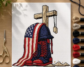 Gráfico de Ponto Cruz em Homenagem a Soldados em PDF | Bota Militar, Bandeira Americana e Cruz - Gráfico Contado para Homenagem | Presente para Veteranos | Decoração Patriótica