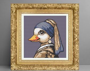 Padrão de ponto cruz de pato com brinco de pérola, bordado moderno de animais (padrão em PDF)