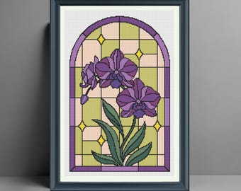 Padrão de ponto cruz de orquídea em vitral, arte botânica floral roxa (download em PDF)