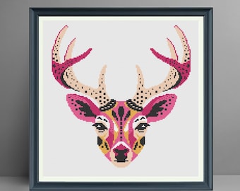 Padrão de Ponto Cruz de Veado, Cabeça de Veado Geométrica Rosa, Arte da Vida Selvagem (Download em PDF)