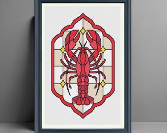 Padrão de ponto cruz de lagosta, decoração náutica em vitral (download em PDF)