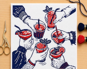 Gráfico de Ponto Cruz para Brinde com Coquetel em PDF | Gráfico de Ponto Cruz Contado para Brinde entre Amigos | Decoração para Bar de Cozinha | Presente de Amizade