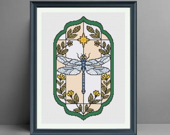 Padrão de Ponto Cruz de Libélula | Design de Vitral Art Nouveau (Download em PDF)