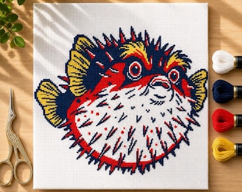 Gráfico de Ponto Cruz de Baiacu em PDF | Gráfico de Ponto Cruz Contado de Baiacu, Animal Marinho do Oceano | Decoração Náutica de Parede | Presente para Amantes de Peixes