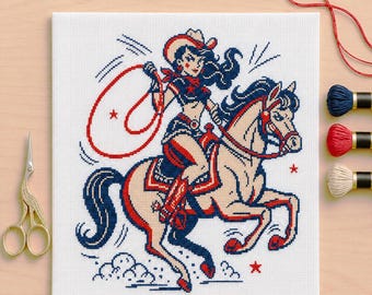 Gráfico de Ponto Cruz de Cowgirl em PDF | Ponto Cruz Contado Estilo Vintage Pin Up Cowgirl Cavalo Laço Tatuado | Download Instantâneo