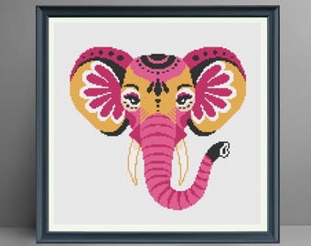 Padrão de ponto cruz de elefante moderno, design geométrico rosa e dourado (download em PDF)