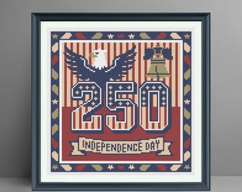 Padrão de Ponto Cruz do 250º Dia da Independência | Águia, Sino da Liberdade (Download em PDF)