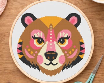 Padrão de ponto cruz com rosto de urso, arte moderna para quarto de bebê (download em PDF)