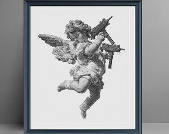 Padrão de Ponto Cruz Anjo com Armas em PDF | Querubim Barroco com Armas de Fogo - Ponto Cruz Moderno Subversivo | Download Instantâneo DMC 310