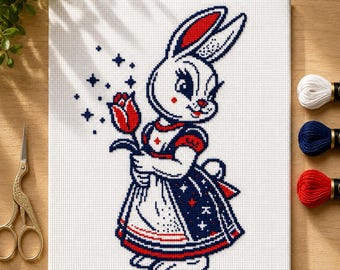 Gráfico de Ponto Cruz em PDF de Coelho com Tulipa | Gráfico de Ponto Cruz Contado de Menina com Vestido de Coelho Fofo | Decoração de Páscoa | Presente para Quarto Infantil