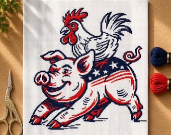 Gráfico de Ponto Cruz Patriótico de Porco e Galo em PDF | Animais de Fazenda Divertidos com Bandeira Americana | Decoração de Cozinha Estilo Fazenda