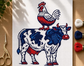 Gráfico de Ponto Cruz de Galo em Vaca em PDF | Gráfico de Ponto Cruz de Animais de Fazenda Divertidos | Decoração de Cozinha Estilo Fazenda | Presente para Amantes da Fazenda