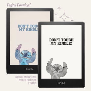 May include: Two Kindle e-readers displaying a digital download. One shows a blue cartoon character with the text "DON'T TOUCH MY KINDLE!" The other shows the same character in grayscale. The word "kindle" is at the bottom of each screen.