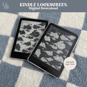 May include: Two Kindle e-readers with screens displaying a cloud and sun design. The text "KINDLE LOCKSCREEN Digital Download" is at the top. A sticker on the bottom right says "2 IMAGES Light • Dark". The e-readers are on a blue and white checkered surface.