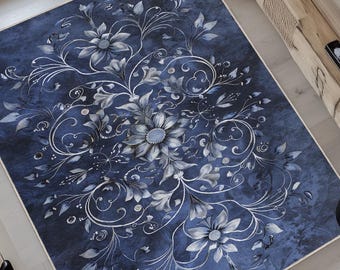 Blue Floral Pattern Rug, Gothic Decor, Medieval Fantasy Rug, Dark Academia Rug, Teenager Youth Room Decor, Living Room Rug, Unique Gift