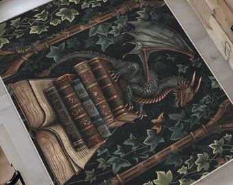 Dragon Book Rug, Gothic Decor, Medieval Fantasy Dragon Rug, Dark Academia Rug, Teenager Youth Room Decor, Living Room Rug, Unique Gift İdea