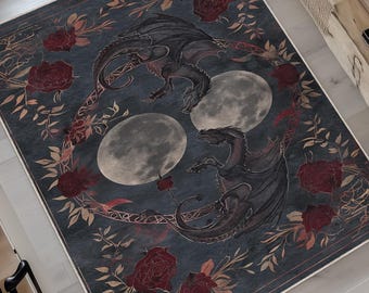 Moons-Dragons-Flowers Rug, Gothic Decor, Medieval Fantasy Rug, Dark Academia Rug, Teenager Youth Room Decor, Living Room Rug, Unique Gift