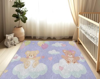 Alfombra para habitación de bebé con diseño de osos y corazones, ideal para habitación infantil, con un bonito diseño, suave y lavable, ideal para guardería.