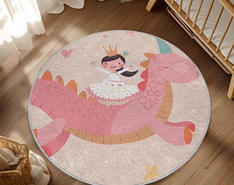 Dragon and Princess Design Baby Room Rug, Kids Room Rug, Cute Style Rug for Baby Room, Ornate Design, Soft & Washable Rug,Nursery Rug