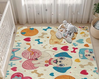 Alfombra para habitación de bebé con diseño de perro y gato, con forma de corazón, estilo bohemio, suave y lavable.