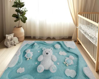 Alfombra para habitación de bebé con diseño de oso polar y pingüinos, bonita alfombra para habitación de bebé, diseño ornamentado, decoración bohemia, suave y lavable, alfombra para habitación infantil.
