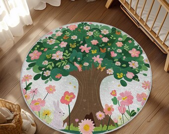Flowers and Tree Design Baby Room Rug, Kids Room Rug, Cute Style Rug for Baby Room, Ornate Design, Soft & Washable Rug,Nursery Rug