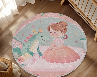 Dragon and Princess Design Baby Room Rug, Kids Room Rug, Cute Style Rug for Baby Room, Ornate Design, Soft & Washable Rug,Nursery Rug