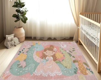 Dragon and Princess Design Baby Room Rug, Kids Room Rug, Cute Style Rug for Baby Room, Ornate Design, Soft & Washable Rug,Nursery Rug