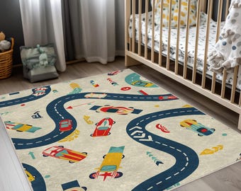 Alfombra de coche de carreras y pista para habitación de bebé, estilo bonito, diseño ornamentado, decoración bohemia, suave y lavable, ideal para guardería.