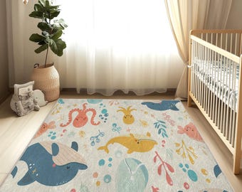 Alfombra para habitación de bebé con diseño de pulpo y ballena, estilo encantador, diseño ornamentado, decoración bohemia, suave y lavable, ideal para guardería.