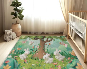 Alfombra para habitación de bebé con diseño de árbol y flores de conejo, bonita alfombra para habitación de bebé, diseño ornamentado, decoración bohemia, suave y lavable, alfombra para habitación de bebé.