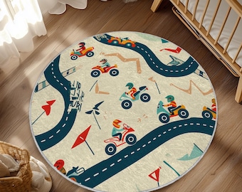 Alfombra para habitación de bebé con diseño de motocicletas y pista de carreras, estilo encantador, diseño ornamentado, decoración bohemia, suave y lavable, ideal para guardería.