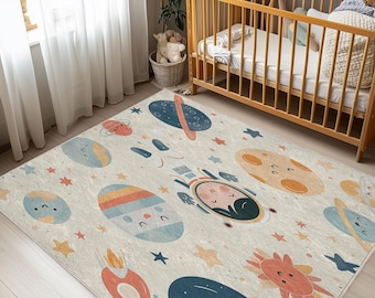 Alfombra para habitación de bebé con diseño de planetas y astronautas, estilo adorable, diseño ornamentado, decoración bohemia, suave y lavable, ideal para guardería.