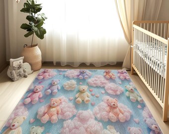 Alfombra para habitación de bebé con diseño de nubes y osos de colores. Bonita alfombra para habitación de bebé, diseño ornamentado, decoración bohemia, suave y lavable.