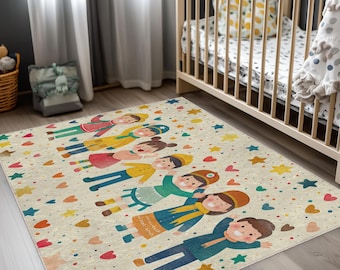 Alfombra para habitación de bebé con profesiones como maestros y policías, bonita alfombra de estilo bohemio, diseño ornamentado, decoración bohemia, suave y lavable, para guardería.