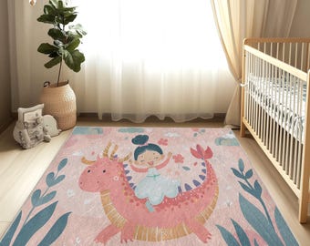 Dragon and Princess Design Baby Room Rug, Kids Room Rug, Cute Style Rug for Baby Room, Ornate Design, Soft & Washable Rug,Nursery Rug