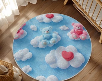 Bears Hearts in the Clouds Design Baby Room Rug, Kids Room Rug, Cute Style Rug for Baby Room, Ornate Design, Soft & Washable Rug,Nursery Rug