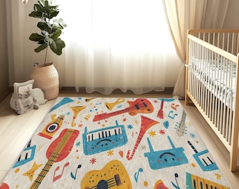 Alfombra para habitación de bebé con diseño de instrumentos musicales, estilo encantador, diseño ornamentado, decoración bohemia, suave y lavable, alfombra para habitación infantil.