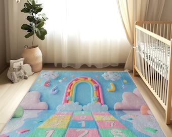 Rainbow Door and Hopscotch Design Baby Room Rug, Kids Room Rug, Cute Style Rug for Baby Room, Ornate Design, Soft & Washable Rug,Nursery Rug