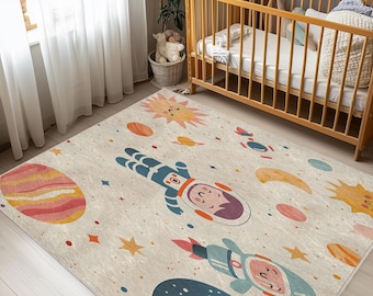 Alfombra para habitación de bebé con diseño de planetas y astronautas, estilo adorable, diseño ornamentado, decoración bohemia, suave y lavable, ideal para guardería.